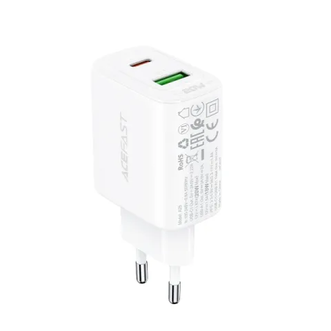 Acefast Charger Wall GaN PD20W - A25 - USB-C x 1, USB-A x 1, White