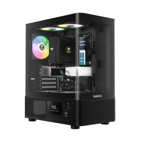 Gamdias Case ATX - ATLAS E2 - 3 x 120 mm A-RGB, Digital Display, Curved Glass