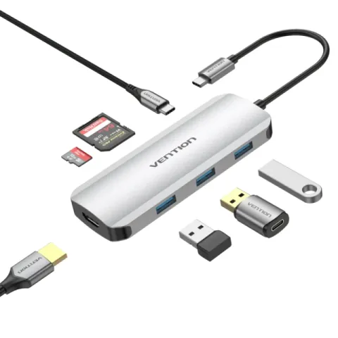 Vention Docking Station Type-C - TOJHB - HDMI x 1, USB3.0 x 3, USB-C PD100W x 1, SD/TF