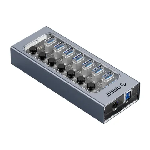 Orico USB3.0 HUB 7 port with Power Adapter, On/Off buttons, Aluminium - AT2U3-7AB-EU-GY