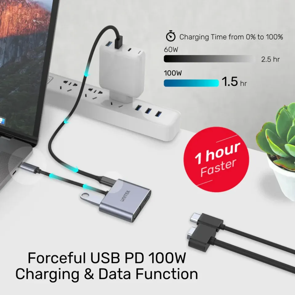 Unitek Docking Station Type-C 4-in-1 - uHUB Q4+ Lite D1049A - USB-C PD100W x 1, HDMI x 1, VGA, USB2.0 x 1, foto 6