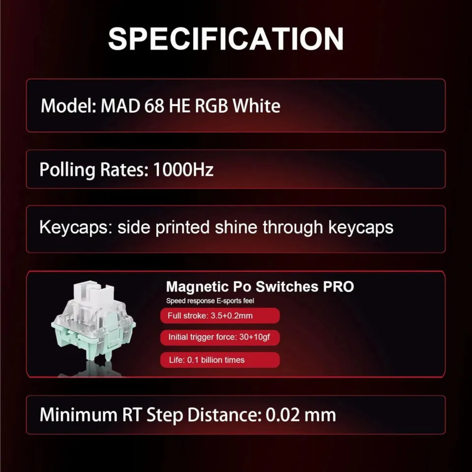 Madlions Professional Gaming Mechanical Keyboard MAD 68 HE RGB - 1K, Magnetic Amber Pro Switches - White, foto 3