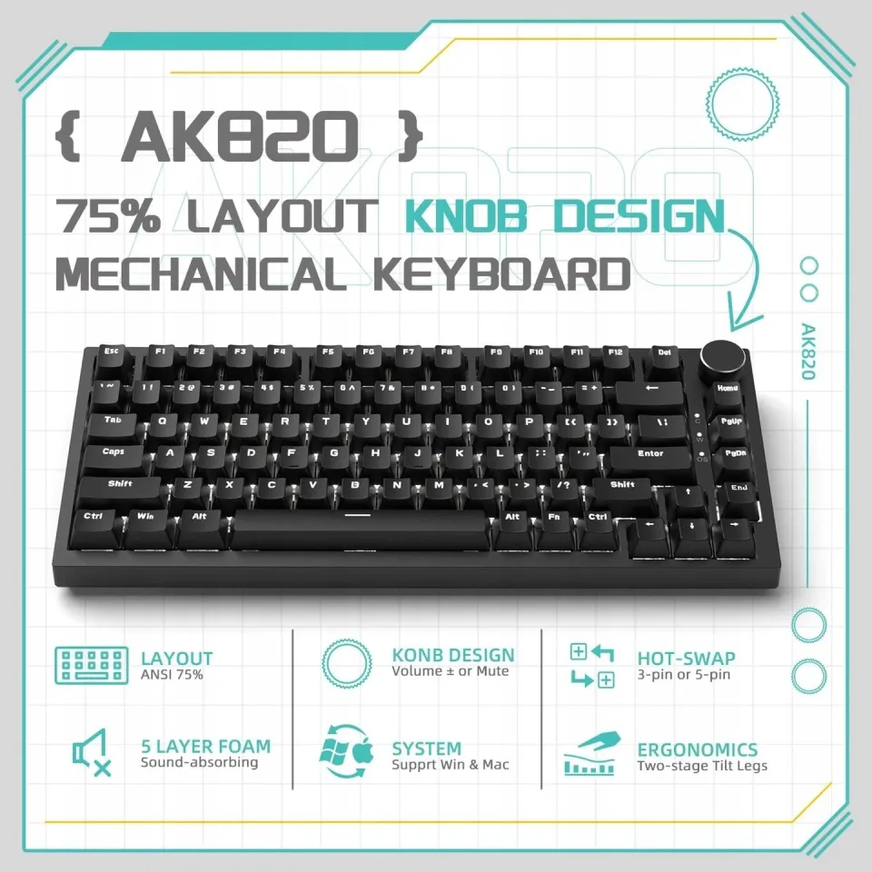 Ajazz Gaming Mechanical Keyboard AK820 - Red Switches [Linear] (English US), Black, White Backlight, foto 5
