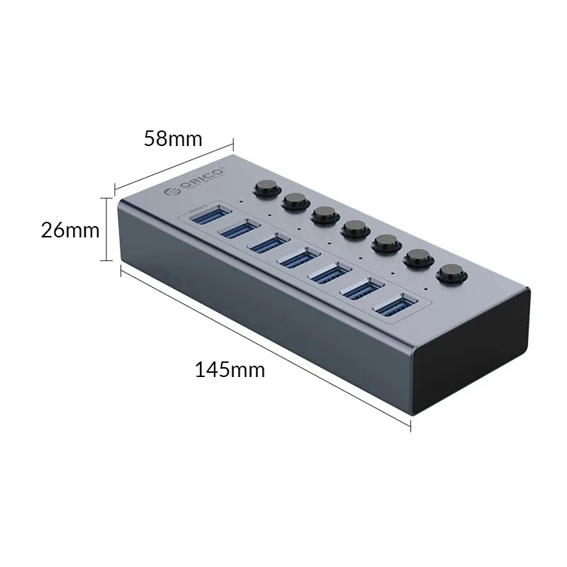 Orico USB3.0 HUB 7 port with Power Adapter, On/Off buttons, Aluminium - BT2U3-7AB-EU-GY, photo 4