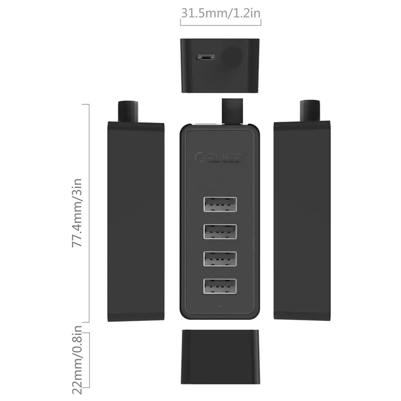 Orico USB2.0 HUB 4 port - USB/Micro USB input, Black - W5P-U2-100-BK-EP, foto 3