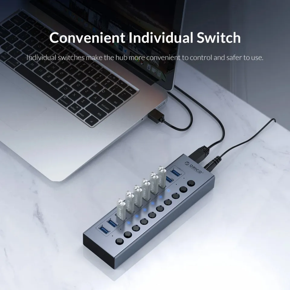 Orico USB3.0 HUB 7 port with Power Adapter, On/Off buttons, Aluminium - BT2U3-7AB-EU-GY, photo 6