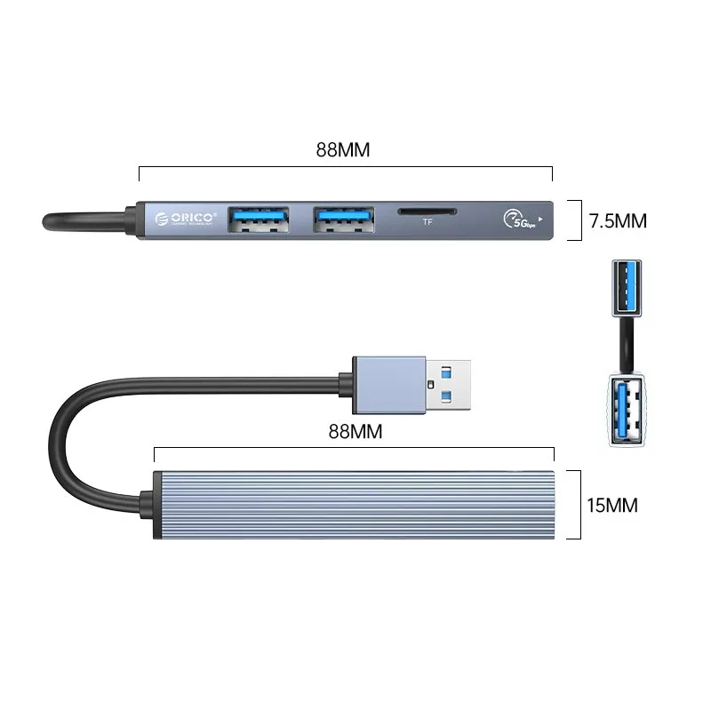 Orico USB3.0/2.0 HUB 3 port + card reader, Aluminum - AH-A12F-GY, foto 3