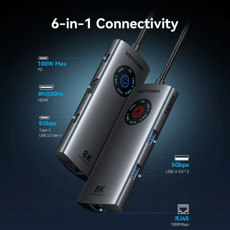 Vention Docking Station Type-C - TQZHB - 8K, LED Display - HDMI, USB 3.0 x 2, USB-C 3.2 Gen 1, PD100W, LAN (1Gbps), photo 3