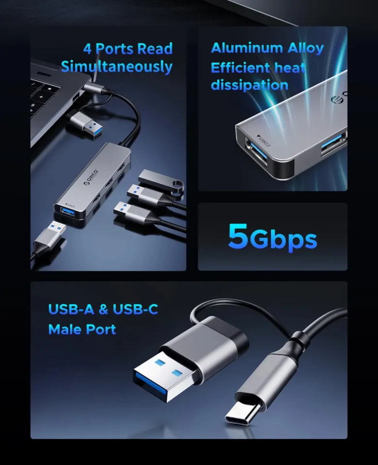 Orico HUB USB-C/USB-A 7 port - USB-C x 2, USB3.0 x 1, USB2.0 x 4, Aluminium - YSA7-U3-GY, photo 5