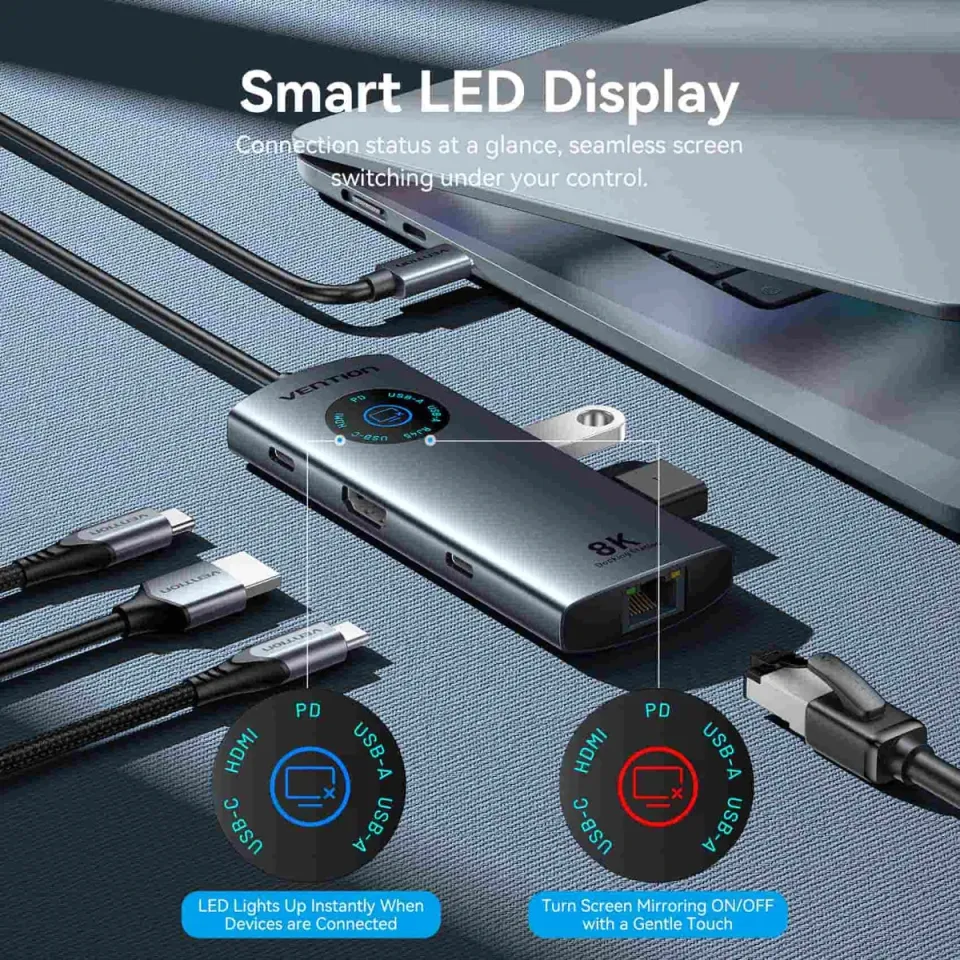 Vention Docking Station Type-C - TQZHB - 8K, LED Display - HDMI, USB 3.0 x 2, USB-C 3.2 Gen 1, PD100W, LAN (1Gbps), photo 4