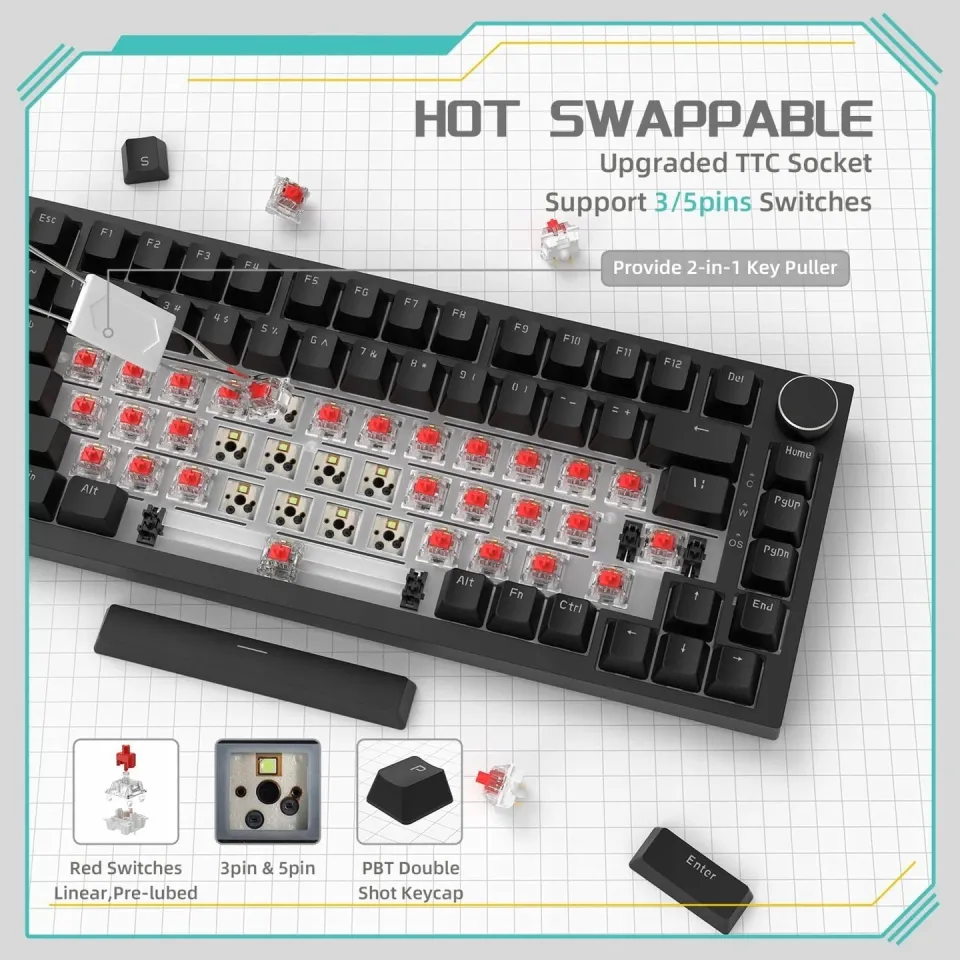 Ajazz Gaming Mechanical Keyboard AK820 - Red Switches [Linear] (English US), Black, White Backlight, foto 6