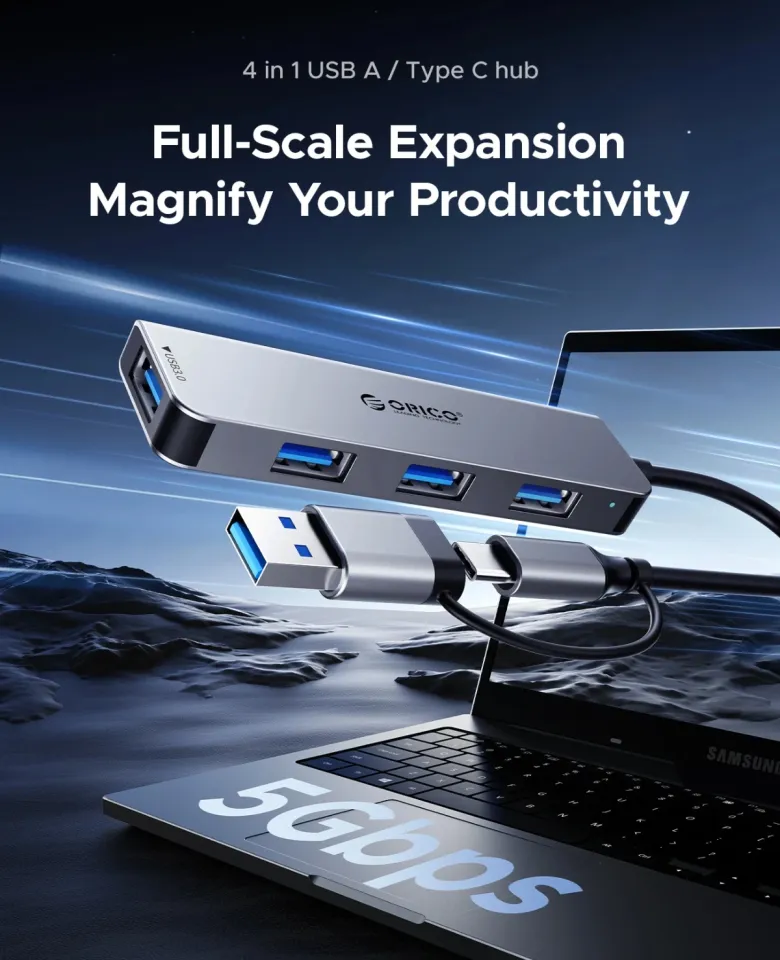 Orico HUB USB-C/USB-A 7 port - USB-C x 2, USB3.0 x 1, USB2.0 x 4, Aluminium - YSA7-U3-GY, photo 4
