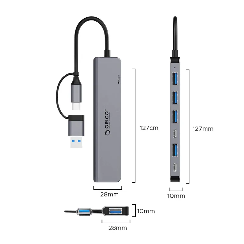 Orico HUB USB-C/USB-A 7 port - USB-C x 2, USB3.0 x 1, USB2.0 x 4, Aluminium - YSA7-U3-GY, photo 2