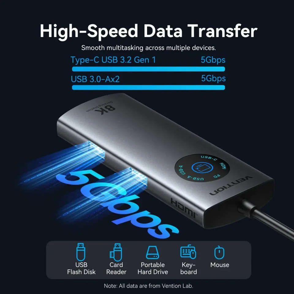 Vention Docking Station Type-C - TQZHB - 8K, LED Display - HDMI, USB 3.0 x 2, USB-C 3.2 Gen 1, PD100W, LAN (1Gbps), photo 6