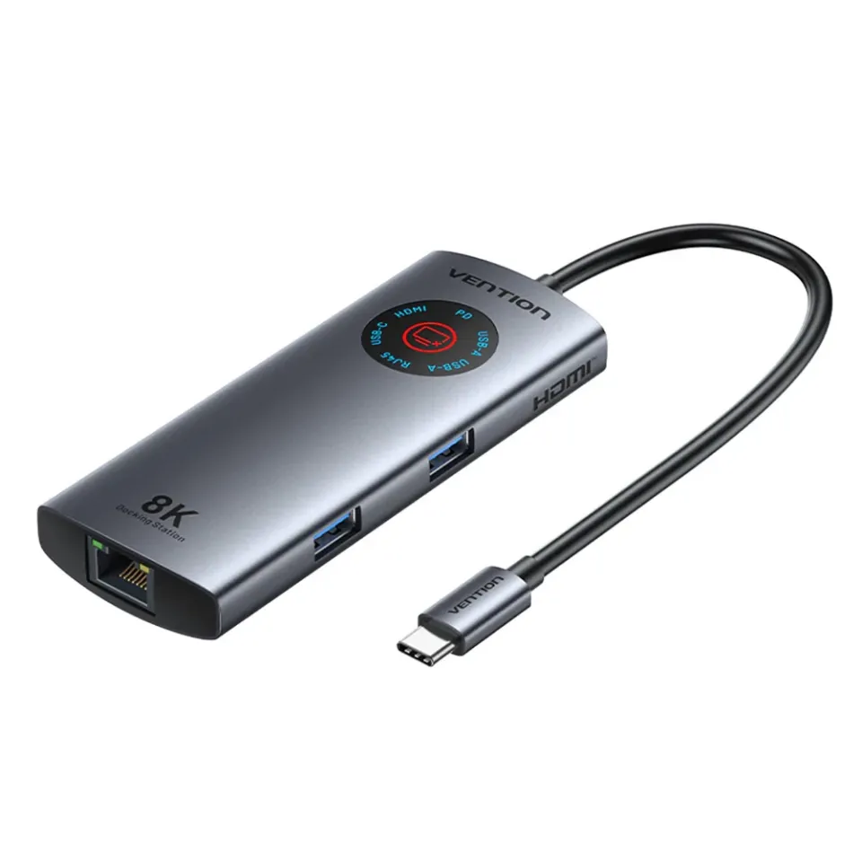 Vention Docking Station Type-C - TQZHB - 8K, LED Display - HDMI, USB 3.0 x 2, USB-C 3.2 Gen 1, PD100W, LAN (1Gbps)